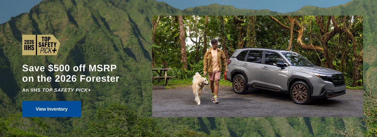 Save $500 off MSRP on the 2026 Forester. An IIHS TOP SAFETY PICK+.