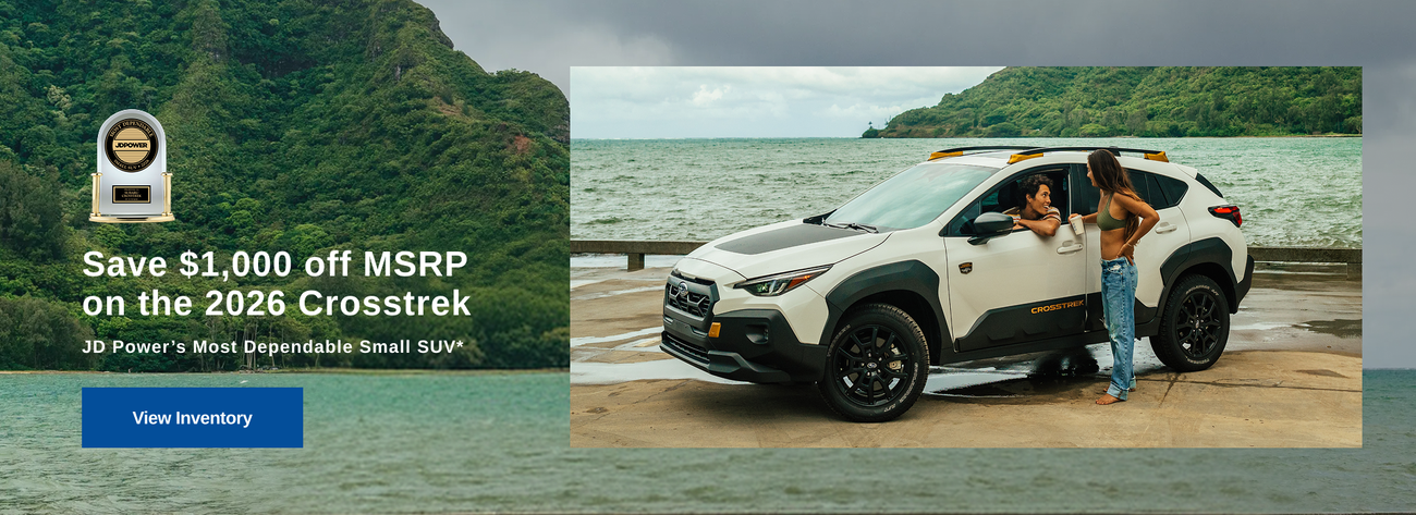 Save $1,000 off MSRP on the 2026 Crosstrek. JD Power's Most Dependable Small SUV*.