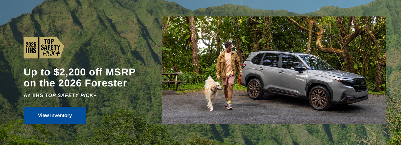 Save up to $2,200 off MSRP on the 2026 Forester. An IIHS TOP SAFETY PICK+.